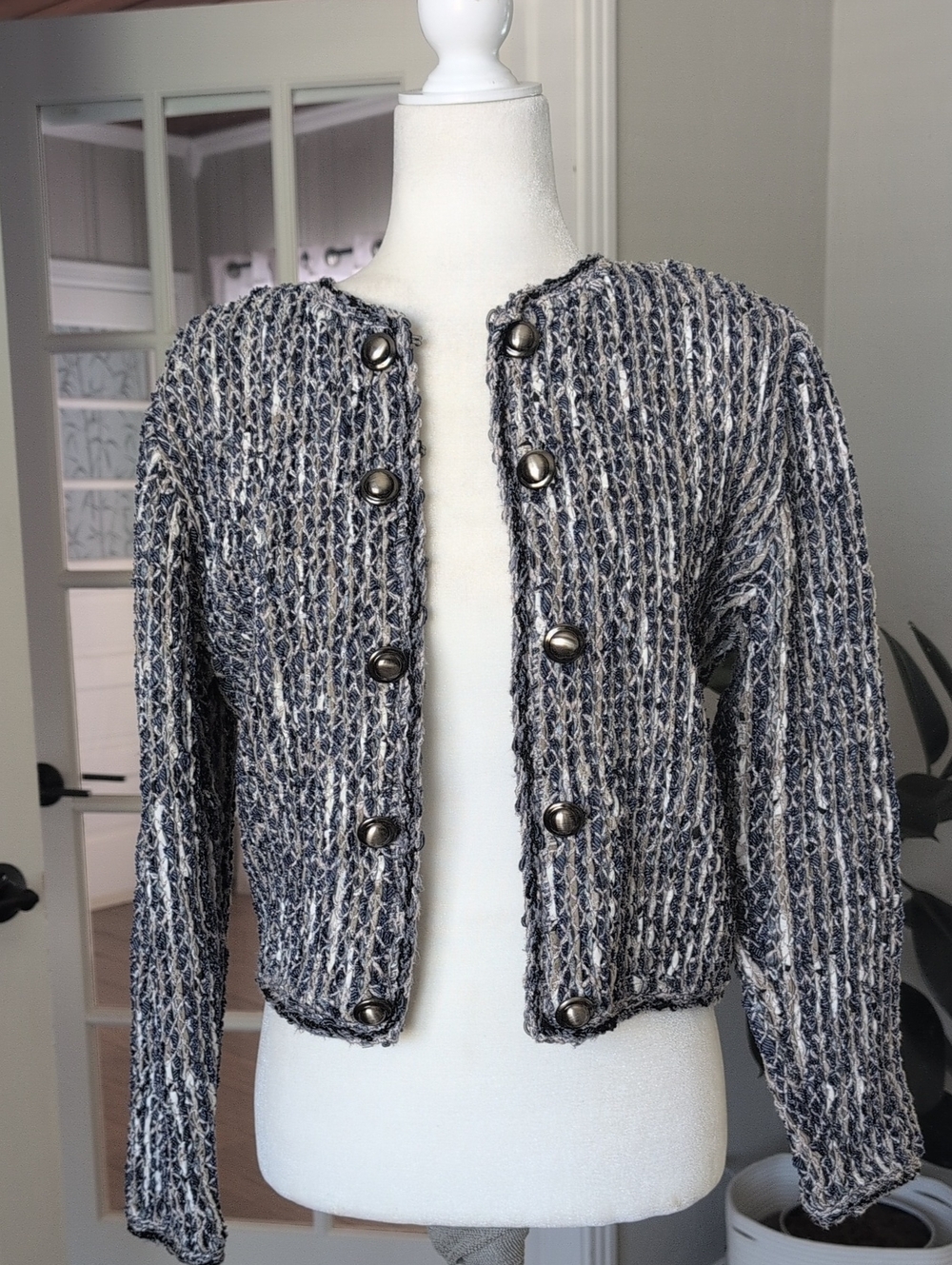 Estelle Womens Blue & Cream Textured Knit Tweed Cardigan Blazer Medium